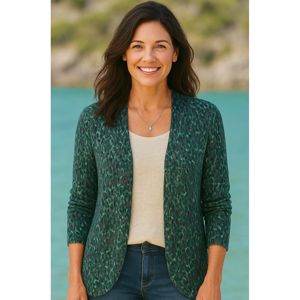 Soft Surroundings Green Leopard Print Open Front Cardigan Sweater Women M